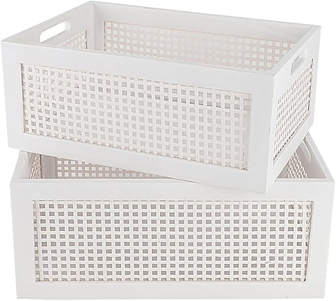 Desktop Storage Basket, Sundry Office Drawer Storage Box, Wood Frame Storage Basket. (White-Set2) by HODAKJUE