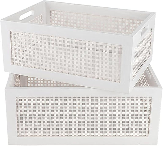 Desktop Storage Basket, Sundry Office Drawer Storage Box, Wood Frame Storage Basket. (White-Set2) by HODAKJUE