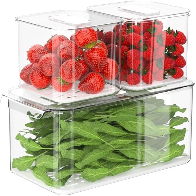SANNO Fridge Produce Saver Food Storage Bin Containers, Refrigerator Food Fruit Vegetables storage Produce Saver Produce Saver Containers, Stackable Freezer Fridge by SANNO