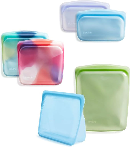 Stasher Premium Reusable Silicone Food Storage Bags, 5-Pack, Tie Dye | Food-Safe Silicone, Eco-Friendly, Reusable Freezer Bags, Microwave, Dishwasher, Oven, Snack Bags, Lunch Containers, Meal Prep by Stasher