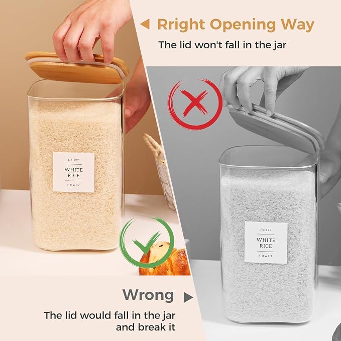 2 Pack large Square Glass Flour and Sugar Containers with 132 Kitchen Pantry Labels - Thicken 149 floz Glass Storage Jars with Airtight Bamboo Lid - Big Rice Canisters for Coffee, Pasta, Cereal - Image 7