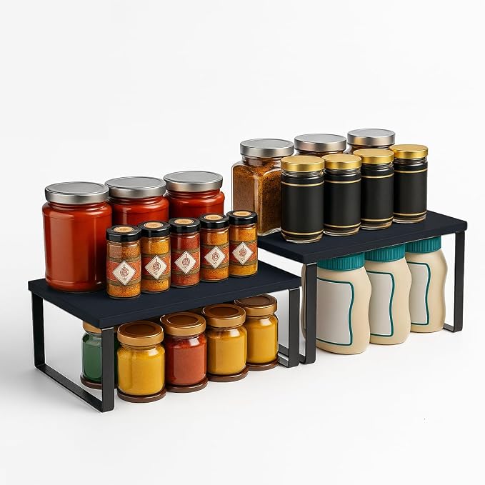 Sben Cabinet Organizer Shelf, Set of 2 Kitchen Counter Shelves, Kitchen Storage, Spice Rack, Stackable, Expandable, Metal and Engineered Wood, Ink Black and Charcoal Black - Image 6