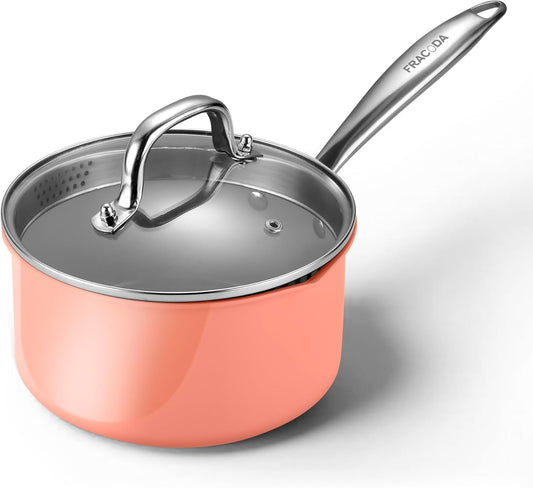 Nonstick Ceramic Saucepan 2.5 Qt,Sauce Pot with Strainer Lid,Two Side Spouts for Easy Pour with Ergonomic Handle,Non Toxic,PTFE &PFOA Free - Oven Safe Compatible with All Stovetops,Perracotta