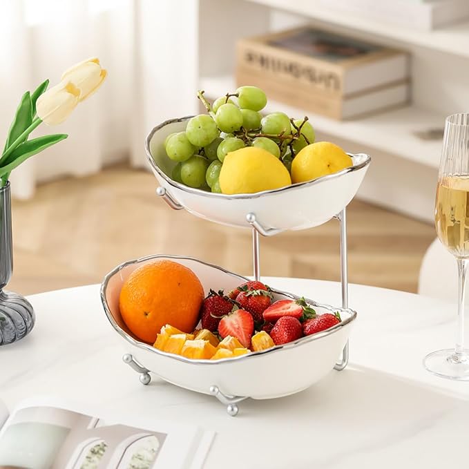 2-Tier Fruit Bowls for Kitchen Counter,Ceramic White Bowl with Silver Metal Stand,2 Tier Fruit Basket for Fruit,Snack,Cake,Nuts,Dessert Space Saving Storage - Image 7