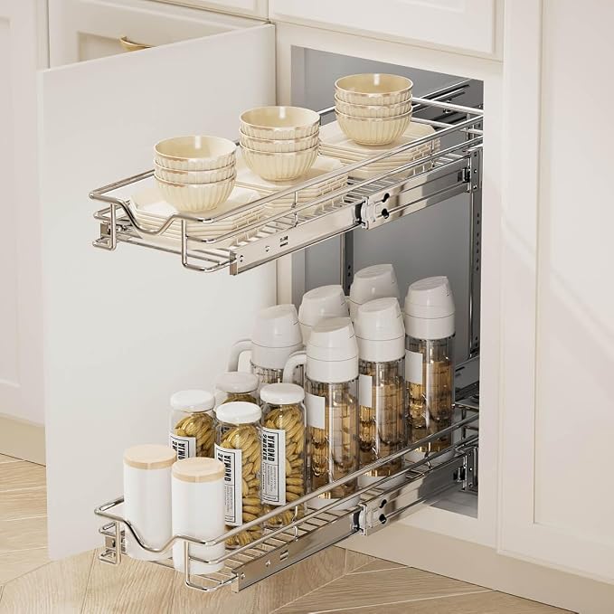 OCG 2 Tier Pull Out Cabinet Organizer (7.5" W x 21.5" D), Pull Out Drawers for Kitchen Cabinets, Pull Out Shelves for Base Cabinet Organization in Kitchen Bathroom Pantry, Chrome Finish - Image 6