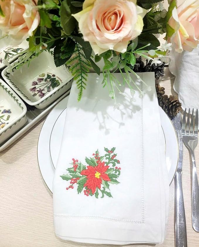 Embroidered Cloth Napkin Red Poinsettia and Berry Christmas Cotton Napkins Set of 6, 20 x 20 Hemstitch Table Napkins Machine Washable, Daily & Holidays, Great Gift Ideas - Image 7