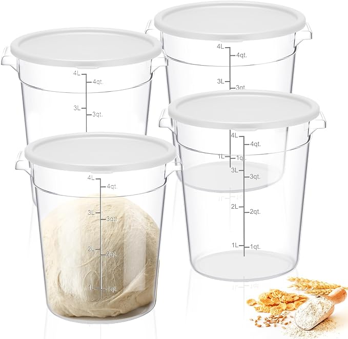 4 Pcs 4 Qt Food Storage Container Bucket with Lids Clear Proofing Containers for Dough Rise Bread with Scale Handle Round Flour Commercial Storage Bucket for Home Restaurant Food by Suclain
