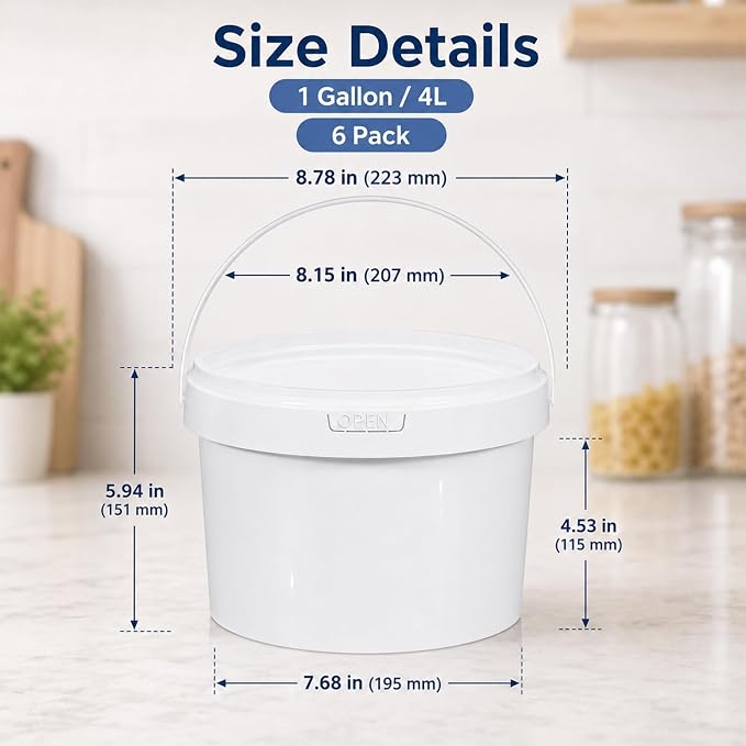 DEMORA 6 Pack 1 Gallon Food Grade Storage Buckets with Lids, White | BPA-Free & Stackable, Leakproof Freezer Safe; For Deli, Ice Cream, Meal Prep, Cleaning, Car Wash & Fishing - Image 2