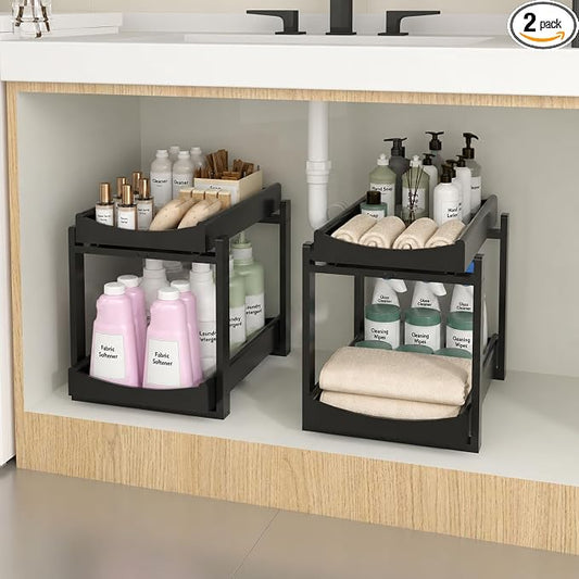 MHXW SXPN Bamboo Under Sink Organizer, 2 Pack Pull Out Cabinet Organizer | 2 Tier Vertical Smooth Slide Out Undersink Storage Shelf | Multi-Purpose Organizer Shelves for Kitchen Bathroom Medicine by MHXWSXPN
