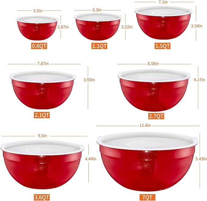 Red Mixing Bowls with Lids Set of 7, Stainless Steel Nesting Bowl with Khaki Lid for Non-slip Mixing Prepping Storing Serving, 7 Sizes-7/3.6/2.7/2.1/1.5/1/0.8 QT - Image 2