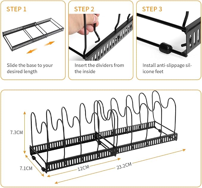 Expandable Pot Organizer Rack, Pans and Pots Lid Organizer Rack Holder with 10 Adjustable Compartment for Kitchen Cabinet Cookware Baking Frying Rack, Black… - Image 6