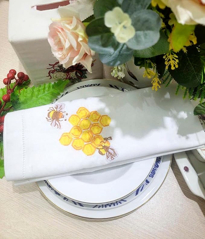 – Embroidered Cloth Napkins, Set of 6 – Yellow Bee & Hive Design – 20x20 Hemstitch Cotton Table Napkins – Machine Washable, Ideal for Daily Use, Weddings & Gifts - Image 6