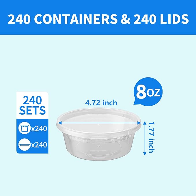 Plastic Deli Containers with Lids, 240 Sets 8 oz Leakproof Soup Cups | BPA-Free, Microwave Freezer Safe, Sturdy and Airtight, Crack-Proof for Takeout, Meal Prep, Slime, Leftovers Storage - Image 2