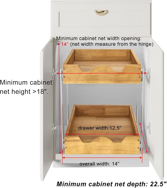 DINDON 2 Tier Pull Out Cabinet Organizer (14" W x 21" D) Double Tier Slide Out Wood Drawer Under Cabinet Storage And Organization - Image 3