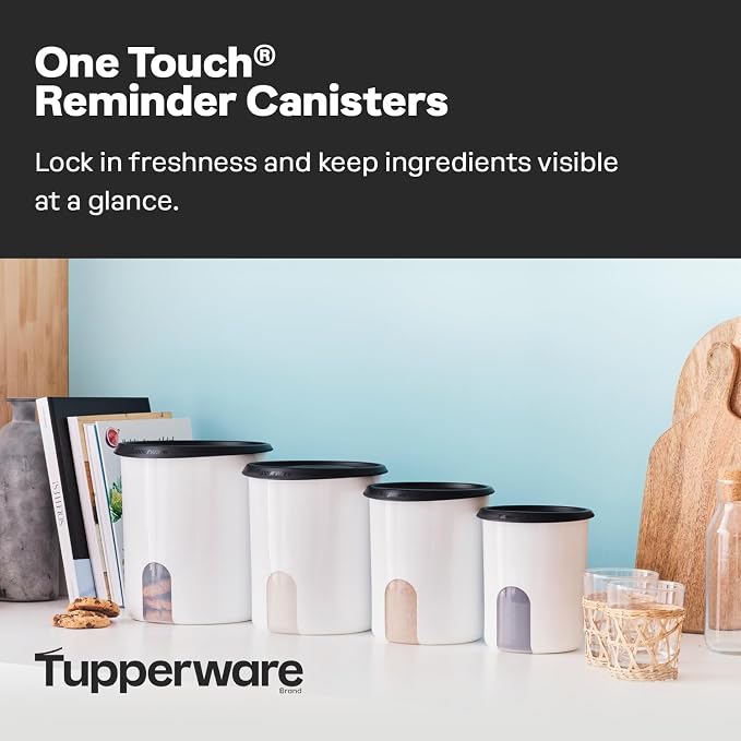Tupperware One Touch Reminder Canisters 4 Canister Food Storage Set in White & Black, Dishwasher Safe and BPA Free, (4 Containers, 4 Lids) - Image 2
