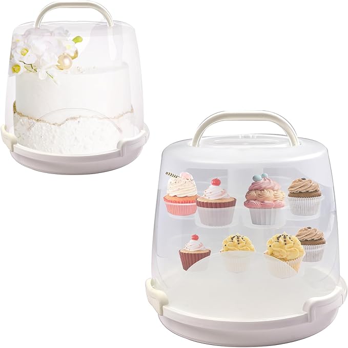 Cake Carrier Round Cake Stand Plus Height Cake Container with Cupcakes Pad, Handle, Lid Reusable Package Box for Transporting Desserts,Pie,Toast,Fruit (10" White) by HomDSim