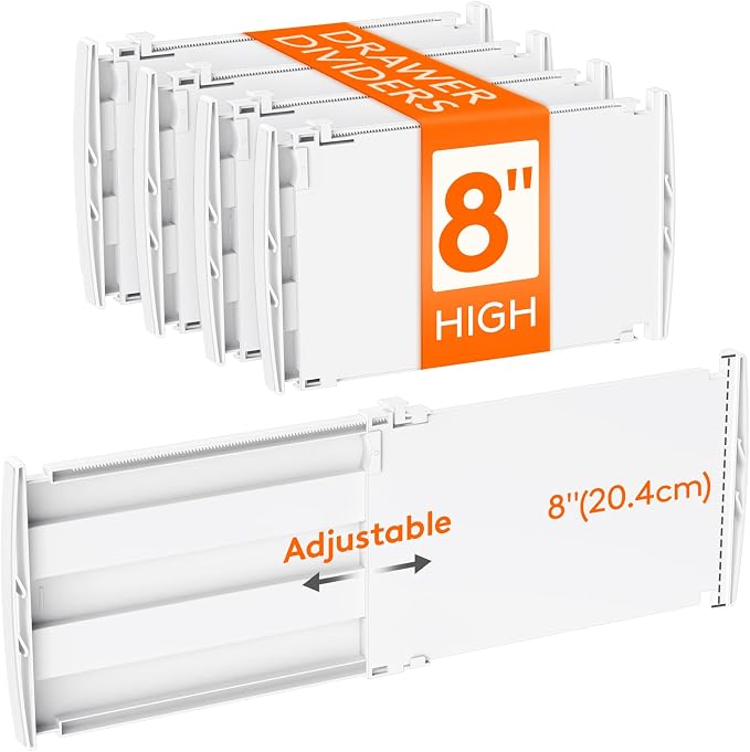 Lifewit 8" Tall Drawer Dividers, Adjustable Deep Drawer Organizer Clothes | 4 Pack 13.8"-22.2" Expandable White Plastic Separators for Dresser, Kitchen, Cabinet, Closet, Office Organization & Storage by Lifewit