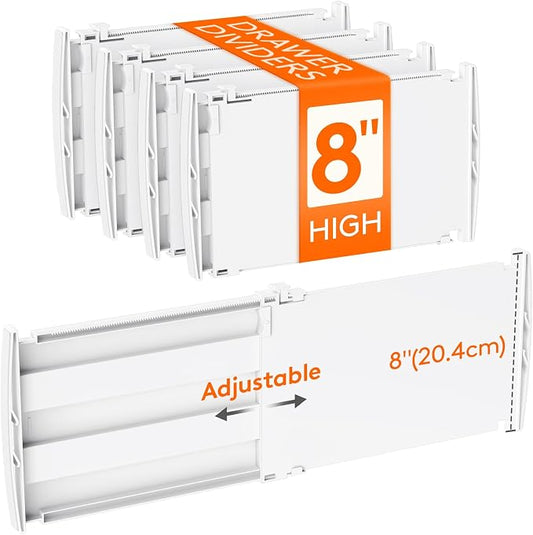 Lifewit 8" Tall Drawer Dividers, Adjustable Deep Drawer Organizer Clothes | 4 Pack 13.8"-22.2" Expandable White Plastic Separators for Dresser, Kitchen, Cabinet, Closet, Office Organization & Storage by Lifewit