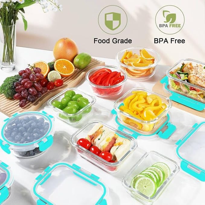 BAYZZ 24 Piece Glass Food Storage Containers with Lids, Airtight Glass Meal Prep Containers for Kitchen, BPA-Free Lunch Box, Microwave and Freezer Safe,Green - Image 4
