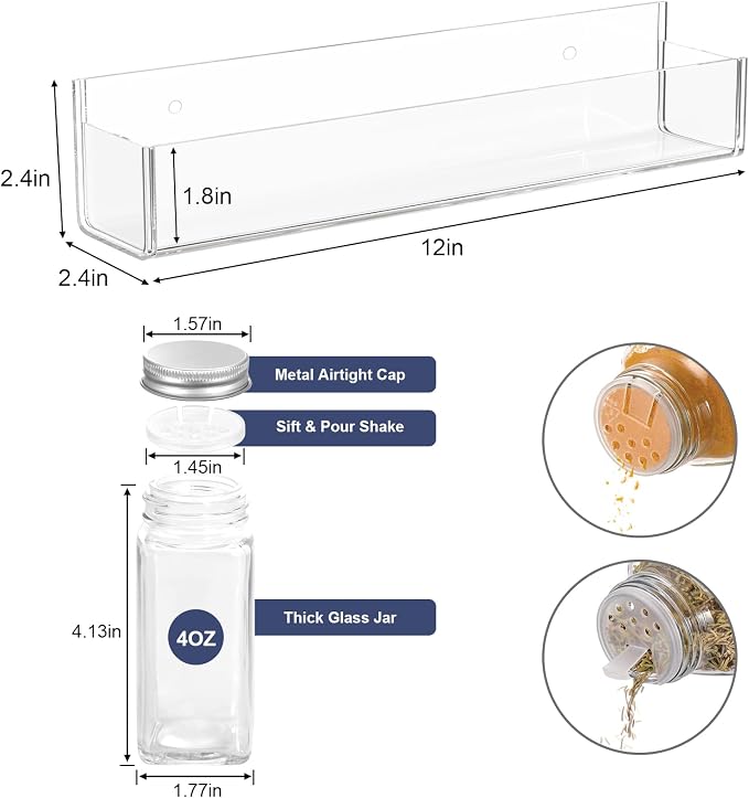 PMMASTO Adhesive Acrylic Spice Rack Organizer with 12 Empty Square Spice Jars, 238 Spice Labels with Chalk Marker and Funnel Complete Set for Kitchen Cabinet/Pantry Door (Clear - 2 Pack) - Image 5