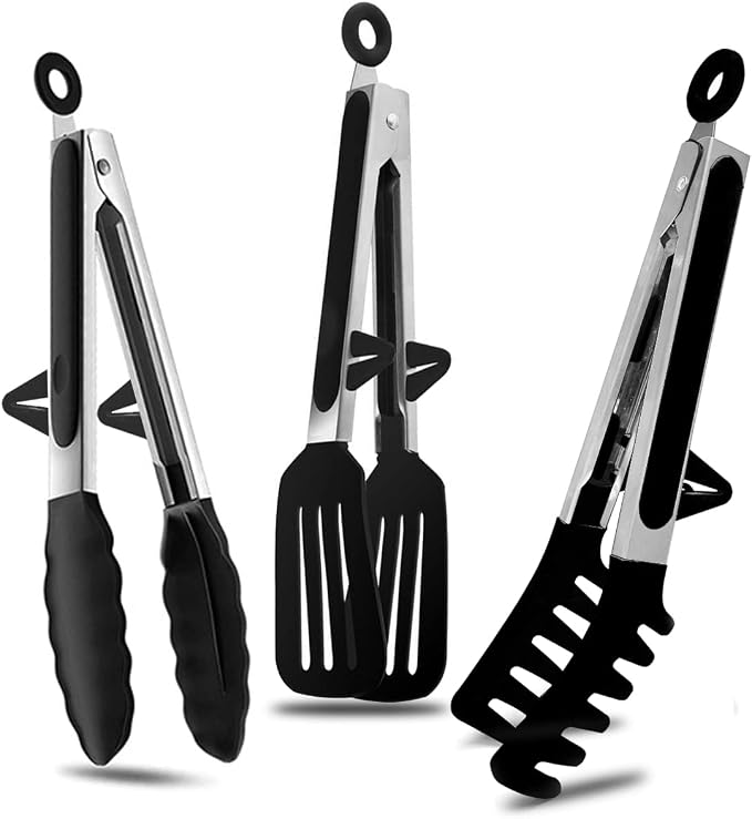 3 Pack Black Silicone Kitchen Cooking Tongs Set, Stainless Steel Nonstick Food Tong with BPA Free Silicone Tips for Serving Pasta Spaghetti Steak Pie Pizza Salad Vegetable Fruit Grilling BBQ by Agabani