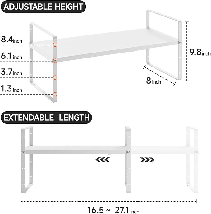 Expandable Cabinet Shelf Organizer, 16.5"~27''L, White | Stackable Metal Shelves, Adjustable Spices Rack Stand, For Kitchen Countertop Storage, For Cupboard Pantry, 8" W x 9.6" H - Image 2