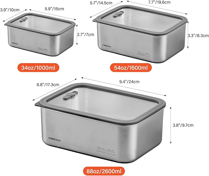 3Pcs Stainless Steel Food Containers,Stainless Steel Containers with Lids,Snack Containers,Lunch Box,Easy Clean,Airtight&Leakproof for Kitchen Storage,Dishwasher Safe,BPA-Free（34oz+54oz+88oz） - Image 2