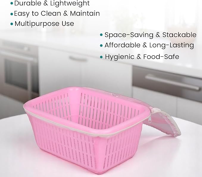 Go Hooked Multipurpose Plastic Storage/Gift Basket With Net Cover | Stylish Basket With Zip Net Cover Pack Of 1 (Pink). - Image 3