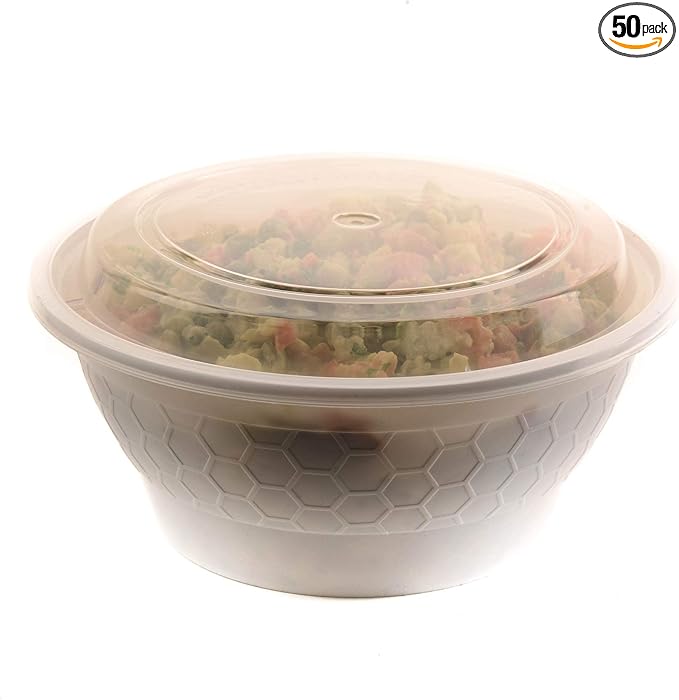 Meal Prep Containers [50 Pack] White Round Bowls with Lids, Food Storage Bento Box, Microwavable,Premium,Stir Fry | Lunch Boxes | BPA Free | Freezer/Dishwasher Safe | Disposable (40 oz) by EcoQuality
