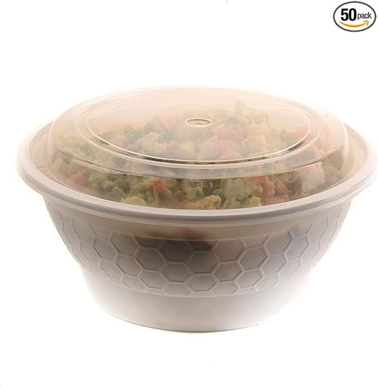 Meal Prep Containers [50 Pack] White Round Bowls with Lids, Food Storage Bento Box, Microwavable,Premium,Stir Fry | Lunch Boxes | BPA Free | Freezer/Dishwasher Safe | Disposable (40 oz) by EcoQuality