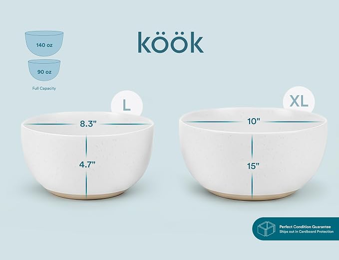 KooK Mixing Bowls, Ceramic Nesting Bowls, Stoneware Kitchen Bowls, For Prep, Serving, Dishwasher Safe, 18/40/90/140 oz, Set of 4, Moonstone - Image 7