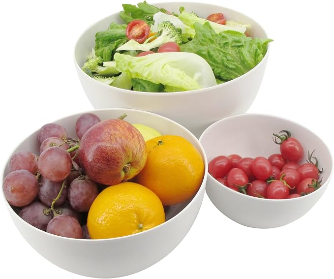 ECOWAY Salad Bowl Set of 3 with Bamboo Wooden Lids, Mixing Bowls Set, Nesting Bowls for Space Saving Storage, Made with Durable Eco-Friendly Bamboo Fiber, Great for Prepping and Serving Food, White - Image 4