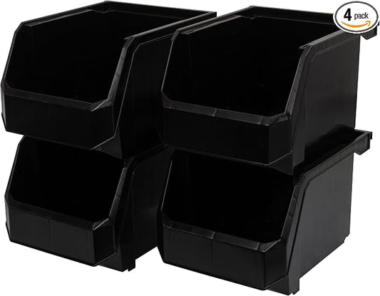 Medium-Tall Stackable Plastic Storage Bins, 4-Pack, Black | Open-Front Stackable Bins For Garage, Pantry, Closet & Office, 7"L X 11"W X 8"H, Nests When Empty, Durable Plastic, by Akro-Mils