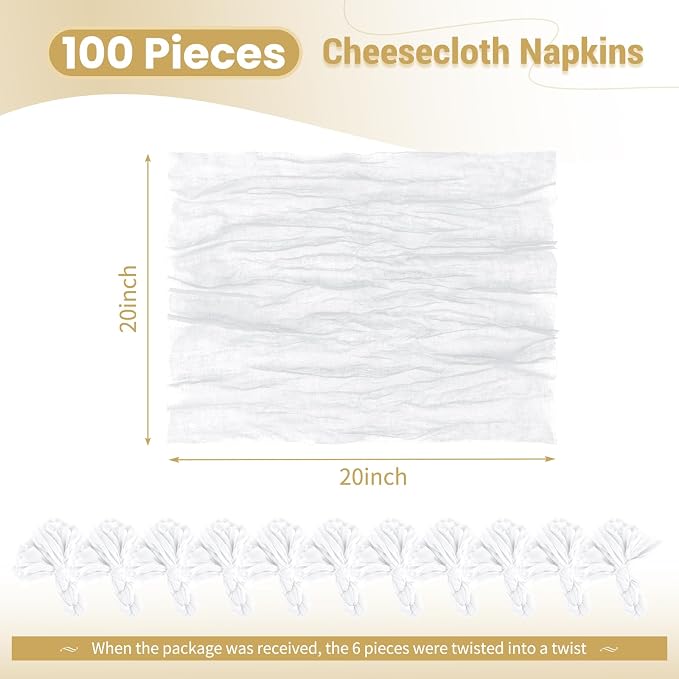 100 Pack White Cloth Napkins 20x20Inch Cheesecloth Napkins | Elegant Cloth Napkins for Table, Washable Rustic Boho Gauze Napkins, for Wedding Party Bridal Baby Shower Dinner Decor - Image 2
