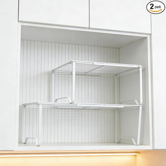 Extendable Metal Wire Shelf Organizer - Adjustable 15-24.4in Length, Stackable Storage Rack for Kitchen, Pantry, Bathroom, Shoe Cabinet & Tool Closet (2 Pack, White) by JBESUHI