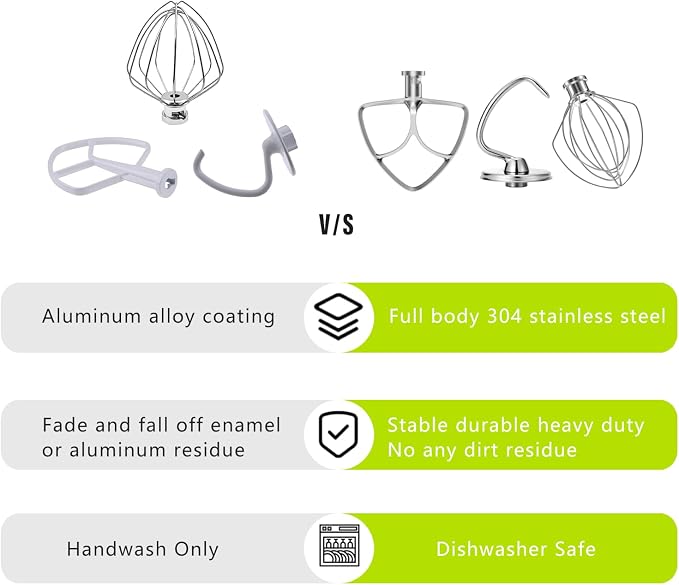Stainless Steel Stand Mixer Attachments 3-Piece for KitchenAid 4.5-5 Qt Tilt Head Stand Mixer. Includes 6 Wire Whisk, Flat Beater, Dough Hook for KitchenAid 4.5-5 Qt Mixer Bowl - Image 6
