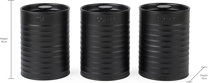 Russell Hobbs RH03268EU7 Ribbed 3-Piece Canister Set – Set of 3 Kitchen Storage Canisters for Tea, Coffee and Sugar, Durable Powder-Coated Steel, Pull Top Lids, Easy to Clean, Ribbed Design, Black - Image 6