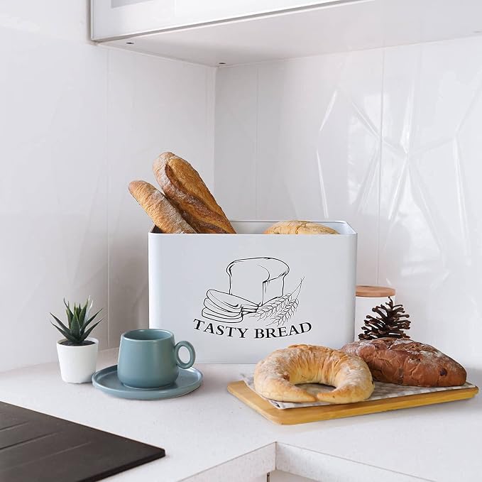 SOTECH Bread Box for Kitchen Countertop White Metal Bread Box with Bamboo Board Cover Pastry Storage Container Set Kitchen decor (NO Handle White Box) - Image 5