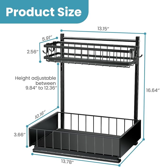 sagetta Black Under Sink Organizers with Sliding Rails Under Kitchen Sink Organizers and Storage Pull out Kitchen Cabinet Organizer Height Adjustable Cabinet Storage Shelves Two Tiers - Image 6