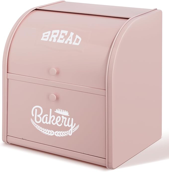 Bread Box, Metal Bread Box For Kitchen Countertop, Bread Storage Container Holds 2 Loaves Of Bread, High Capacity Breadbox, Bread Holder Suit Farmhouse Kitchen Decor For Counter (Pink) by Unknown