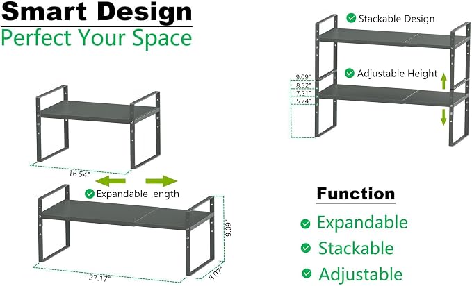 Jojocross Expandable Stackable Spice Rack Cabinet Shelf Organizer in Cabinets Shelves Kitchen Cupboard Organization Stack up Racks Pantry Countertop Storage (Gun-Gray, Medium 1 Pack G) - Image 5