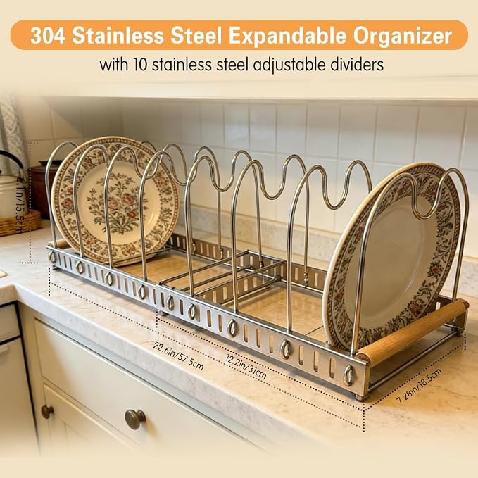 Expandable Pot and Pats Organizer for Cabinet 304 Stainless Steel, 10 Adjustable Dividers Expandable Cookware Rack for Cutting Boards Frying Bakeware, Expanded Size 22.64" Lx7.28 Wx7.68 H - Image 6