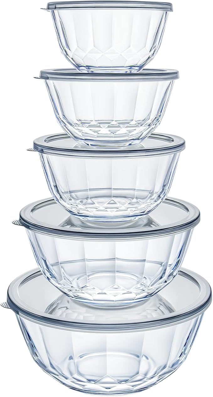 Luvan 5-Piece Glass Mixing Bowls Set with Lids - Clear Salad Bowls with Lids Set, Diamond Pattern Large Glass Mixing Bowl for Baking Prep, Serving & Storage - Image 2