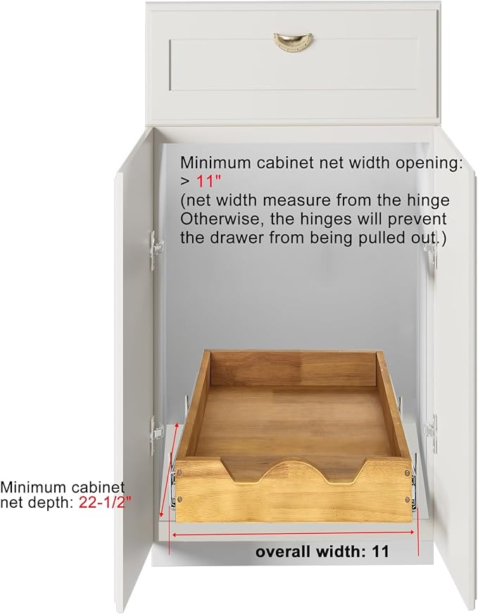DINDON Pull Out Cabinet Organizer (11" W x 18" D) 1 Tier，Single Tier Oak Wood Under Cabinet Slide Out Shelf Drawer Box… - Image 3