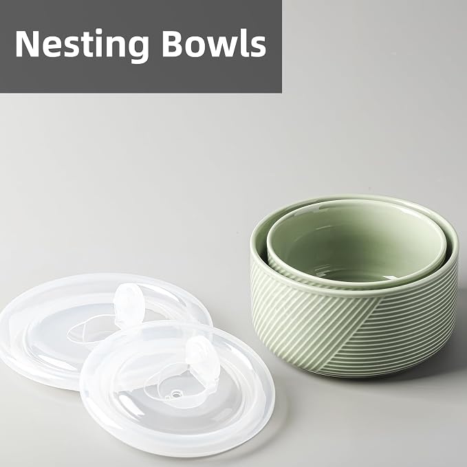 Ceramic Nesting Bowls with Lid, Microwave Safe, Set of 2, Green | Food Storage Containers for Work Lunch Picnic Camping Meal Prep Soup Salad Cereal Leftovers - 5 & 6 Inch, 20 & 32 oz - Image 6