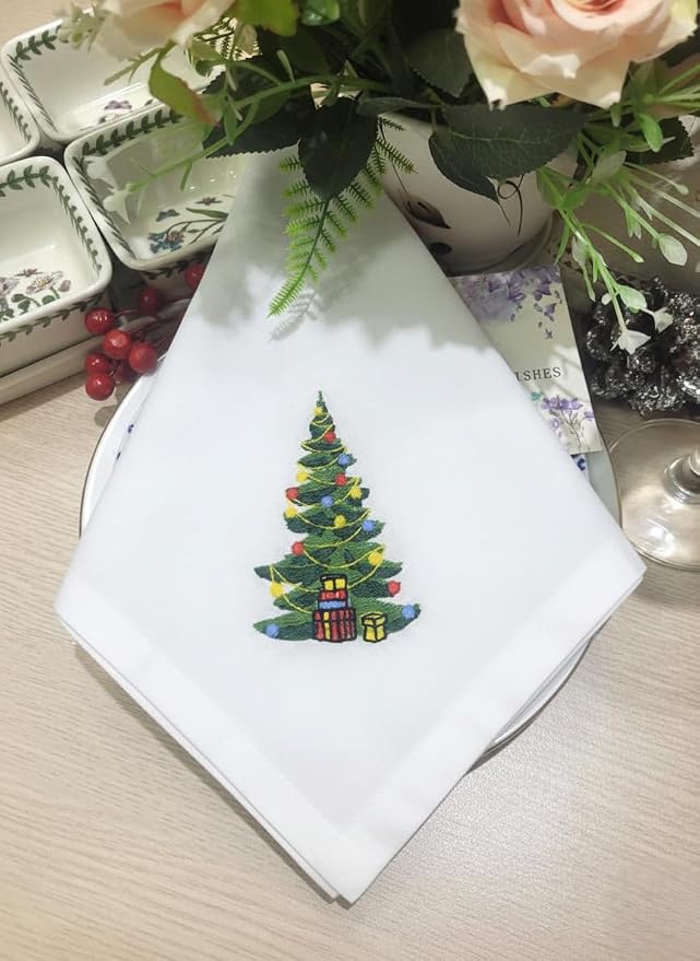 – Embroidered Cloth Napkin Christmas Tree Cotton Napkins Set of 6, 20 x 20”, Hemstitch Table Napkins, Machine Washable, Daily & Holidays, Great Gift Ideas - Image 2