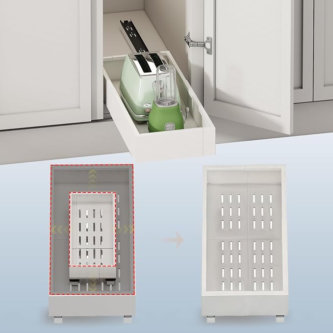 Fokyfok Pull out Cabinet Organizer,7"-11"W, 17"-24"D,Expandable,Adhesive | No Drill,Roll out Drawers,Adjustable Slide out Shelves for Kitchen,Pantry,Framed and Framless Cabinets,White,1PC by Fokyfok