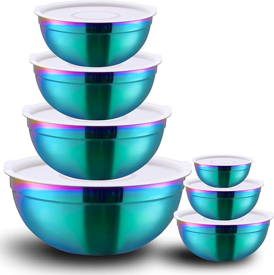 Rainbow Mixing Bowls with Lids Set of 7, Stainless Steel Nesting Bowl with Khaki Lid for Non-slip Mixing Prepping Storing Serving, 7 Sizes-7/3.6/2.7/2.1/1.5/1/0.8 QT by LKTDYMEG