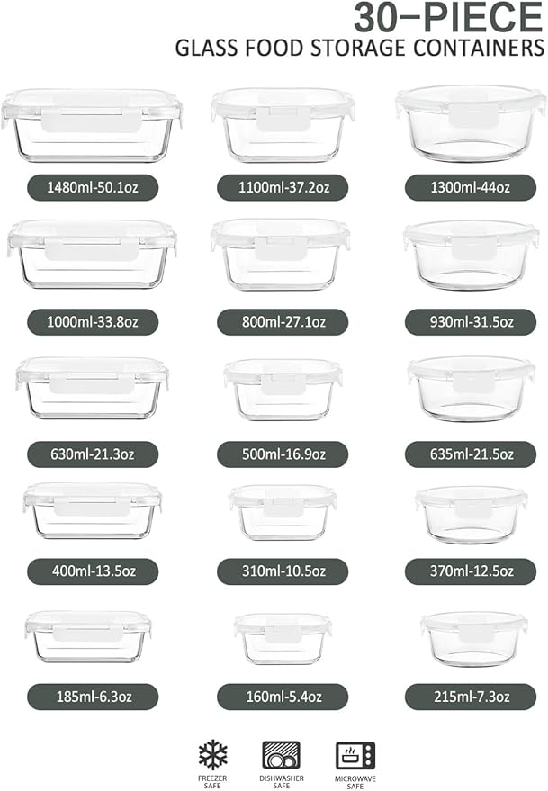 30 Pieces Glass Food Storage Containers with Upgraded Snap Locking Lids,Glass Meal Prep Containers Set - Airtight Lunch Containers, Microwave, Oven, Freezer and Dishwasher Friendly (White) - Image 2