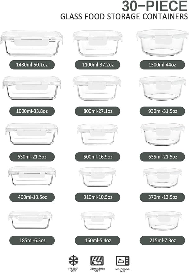 30 Pieces Glass Food Storage Containers with Upgraded Snap Locking Lids,Glass Meal Prep Containers Set - Airtight Lunch Containers, Microwave, Oven, Freezer and Dishwasher Friendly (White) - Image 2